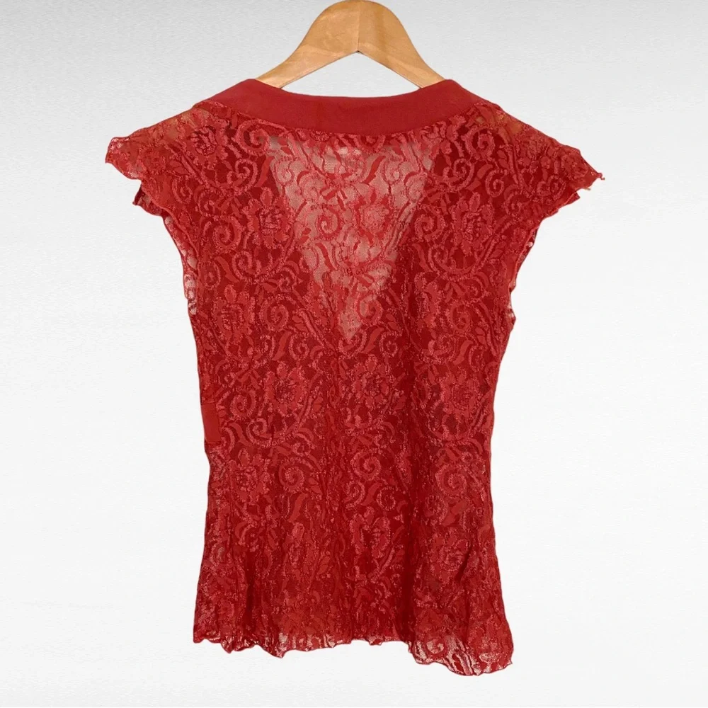 VINTAGE | La Belle | Maroon Delicate Lace Mesh V-Neck Romantic Y2K Sheer Blouse - Picture 3 of 6